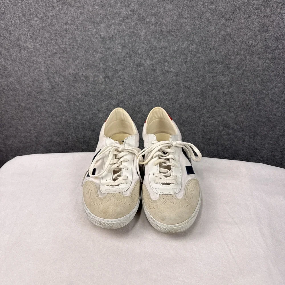 Veja Volley Sneakers Mens 12 White Canvas Navy Blue Logo Red Heel Low Top